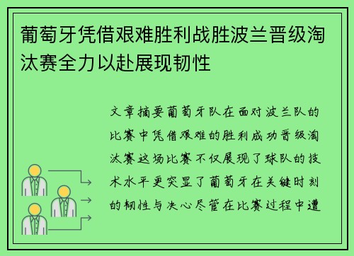 葡萄牙凭借艰难胜利战胜波兰晋级淘汰赛全力以赴展现韧性