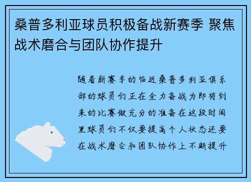 桑普多利亚球员积极备战新赛季 聚焦战术磨合与团队协作提升