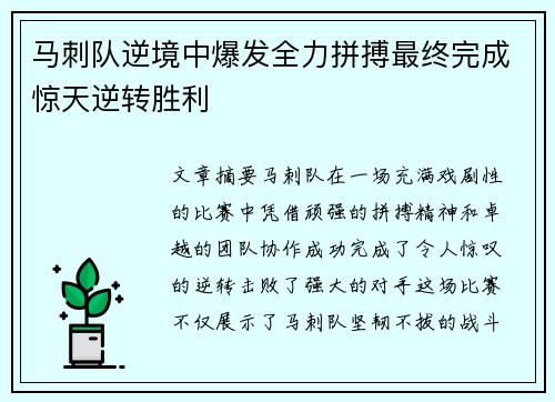 马刺队逆境中爆发全力拼搏最终完成惊天逆转胜利