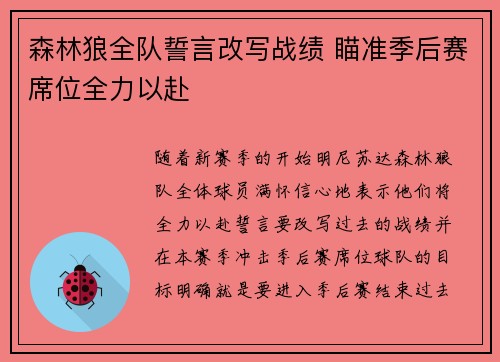 森林狼全队誓言改写战绩 瞄准季后赛席位全力以赴