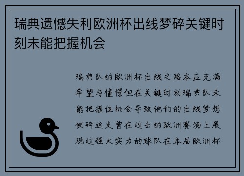 瑞典遗憾失利欧洲杯出线梦碎关键时刻未能把握机会