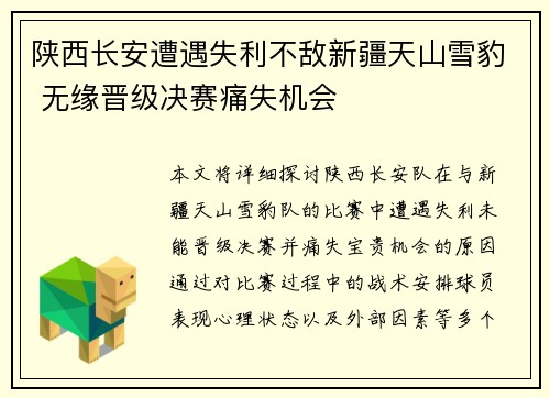 陕西长安遭遇失利不敌新疆天山雪豹 无缘晋级决赛痛失机会
