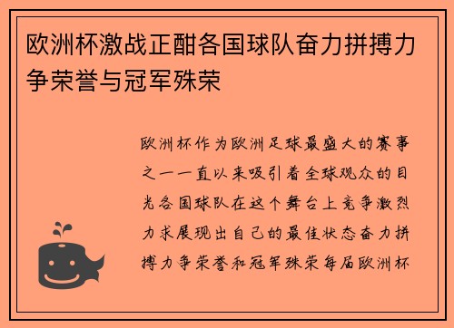 欧洲杯激战正酣各国球队奋力拼搏力争荣誉与冠军殊荣