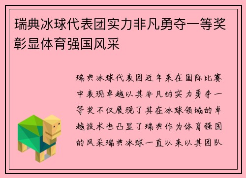 瑞典冰球代表团实力非凡勇夺一等奖彰显体育强国风采
